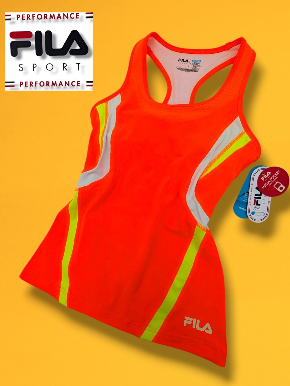 NWT FILA Sport Size XS Running Tank Neon Orange Reflective Media Pocket Wicking